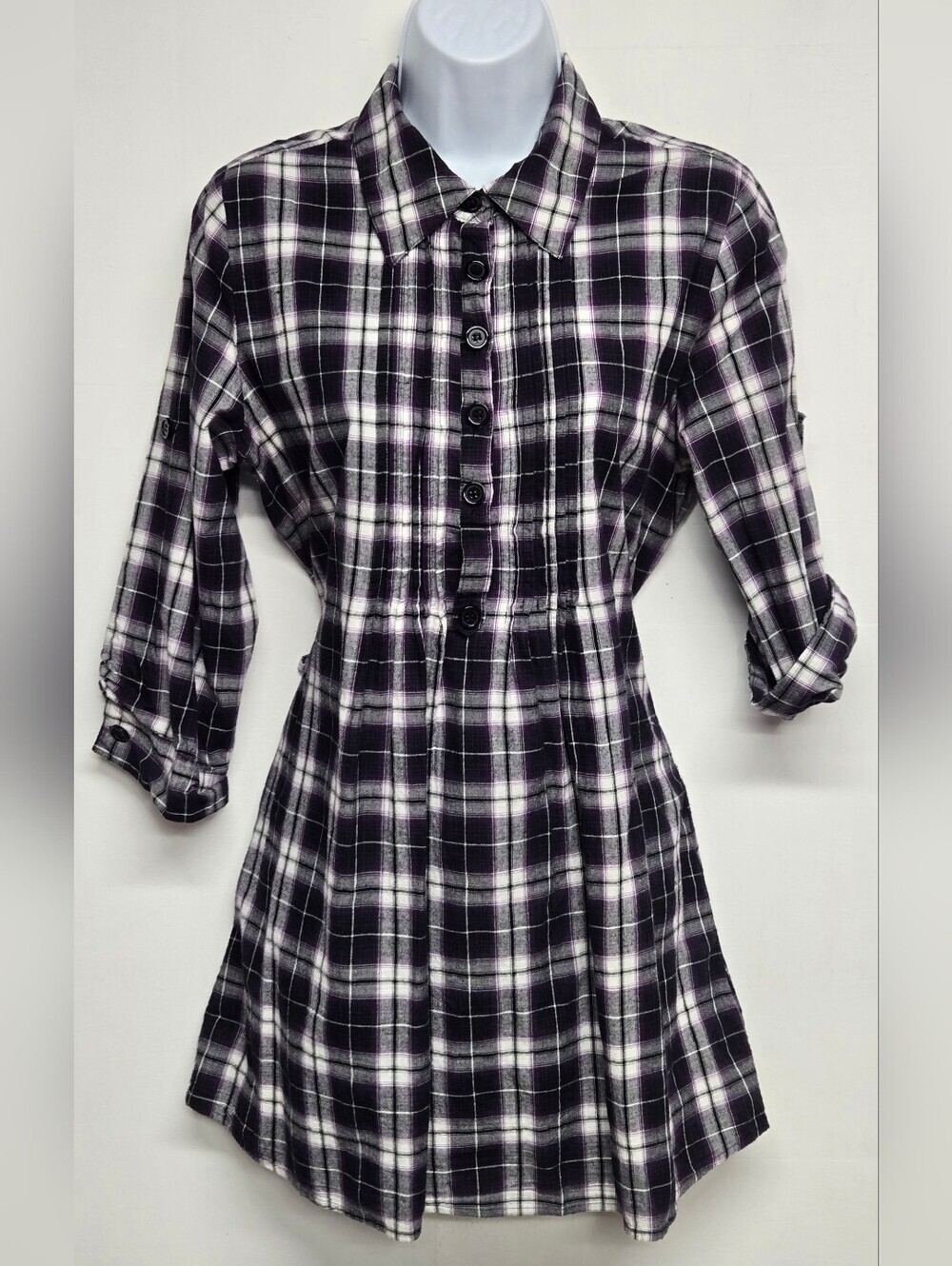 Apt. 9 M Top Collared Henley Roll Tab Sleeve Pleated Tie Back Plaid Tunic Cotton